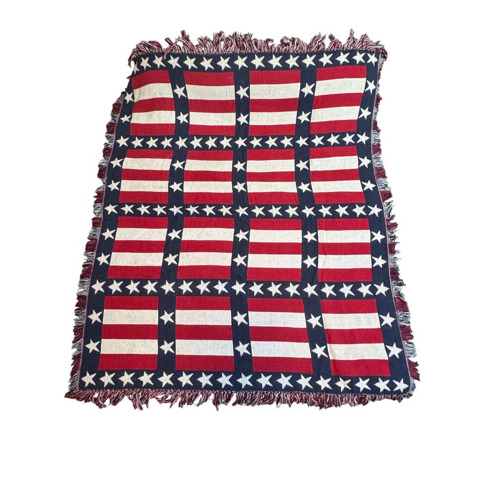 American Flag Patriotic Red White & Blue Handloomed Cotton Blanket Throw 68”x56”
